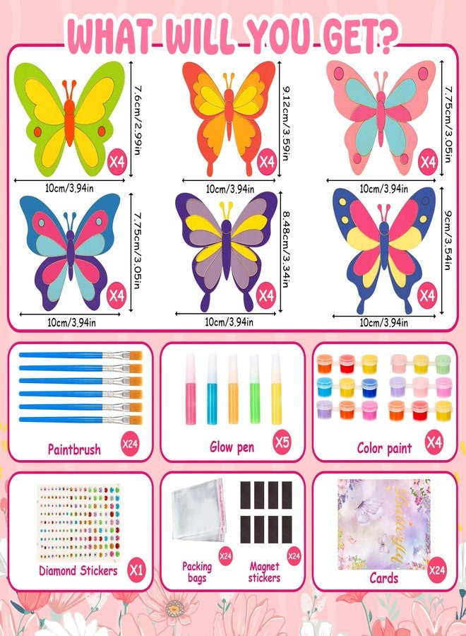 Bafeil 24 Pack Butterfly Party Favors - Non-Toxic Wooden DIY Butterflies Paint Craft - with Magnet Luminous Pen Diamond Sticker - Butterfly Birthday Party Supplies Goodie Bag Gift Prize for Kids Girl Toddler - Image 4